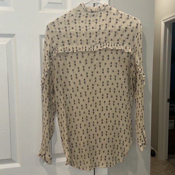 MASSIMO DUTTI Ivory Black Print Dress Shirt Blouse Button Down Ruffle Blouse L - Picture 6 of 8